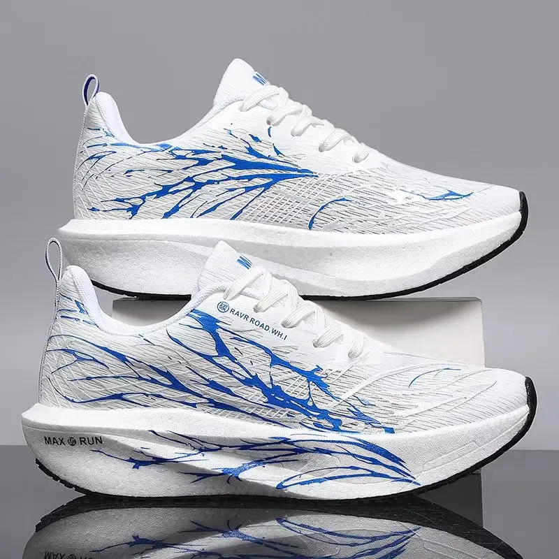 White and blue sports running shoe model 26-169 on foot